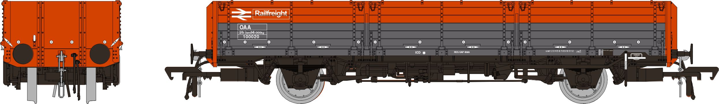 Rapido 915009 OAA Open Wagon Railfreight Red/Grey Three Red Plank  No.100020, OO Gauge