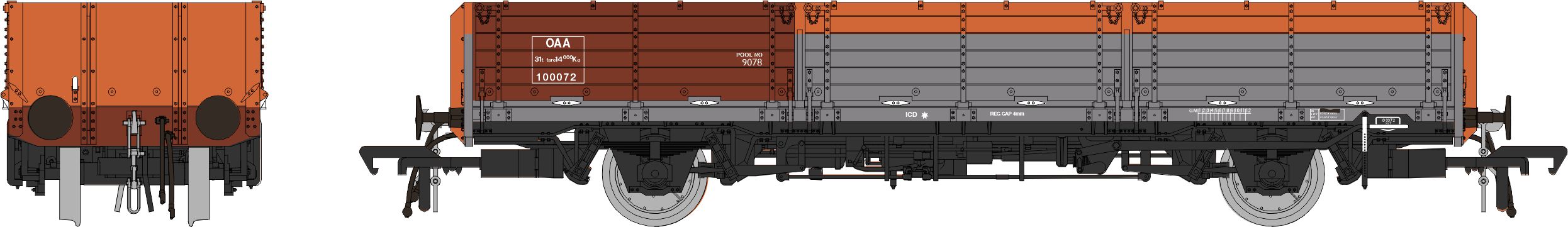 Rapido 915015 OAA Open Wagon Railfreight Red/Grey Two Red Plank Patched Finish  No.100072, OO Gauge