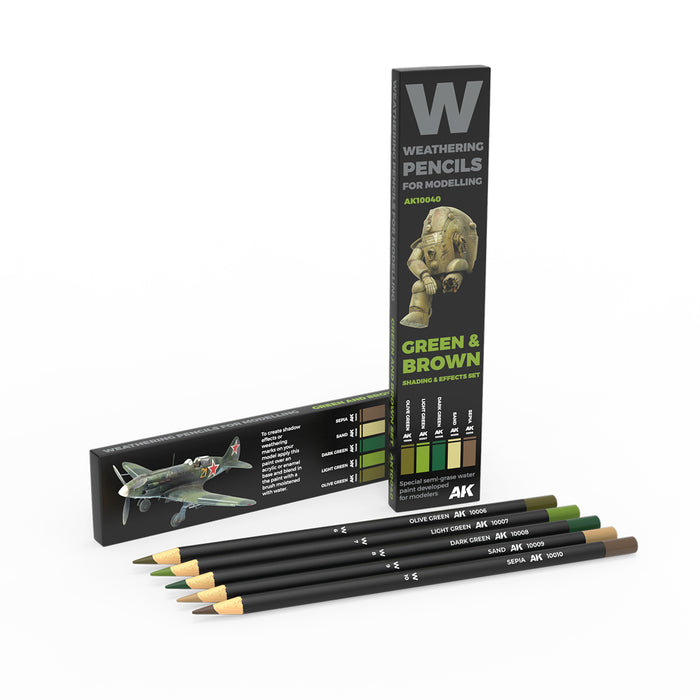 AK AK10040 Weathering Pencils For Modeling - Green & Brown Shading & Effects Set