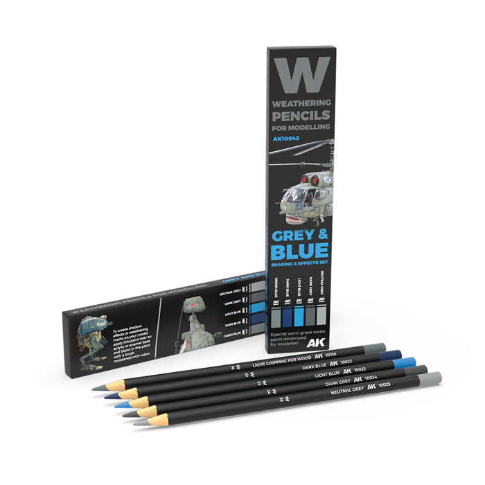 AK10043 Weathering Pencils For Modeling - Grey 7 Blue Shading & Effects Set