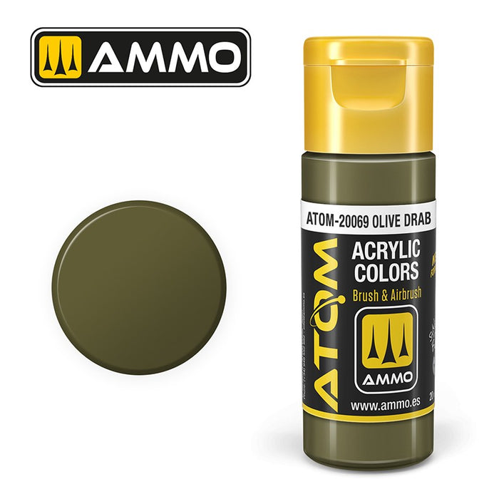 Ammo Mig ATOM 20069 Olive Drab Acrylic Colour - Suitable for Brush and Airbrush Application - 20ml Bottle