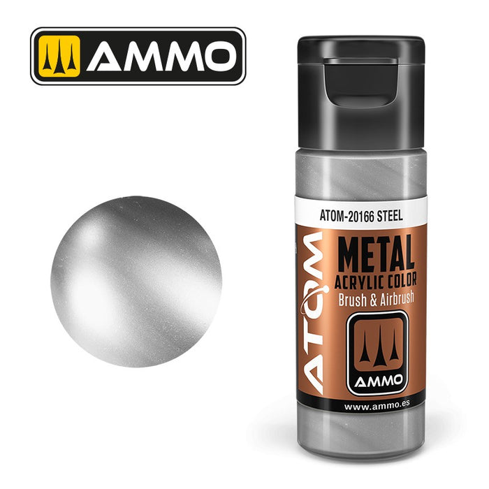 Ammo Mig ATOM 20166 Steel - Metal Acrylic Colour- Suitable for Brush and Airbrush Application - 17ml Bottle
