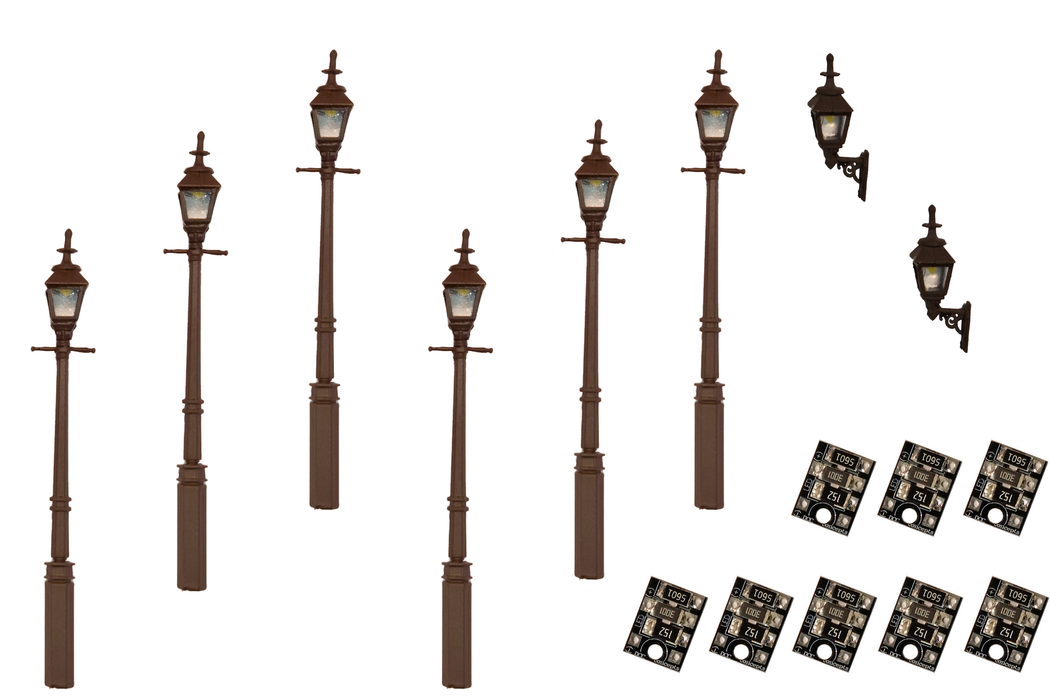 DCC Concepts LML-GSBK6 Gas Lamps x 6 and 2 x Wall Mounted Lamps - Black - OO Gauge / 1.76 Scale
