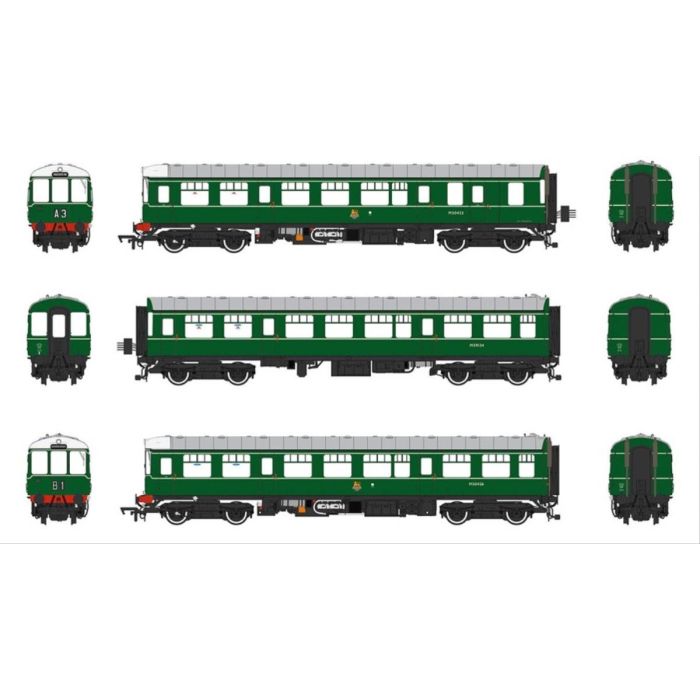 Heljan 1450 Birmingham Railway Carriage & Wagon Co. Diesel-Mechanical Railcar BR Dark Green (Early Emblem) BRCW 3-Car DMU:M50422 + M59134 + M50426