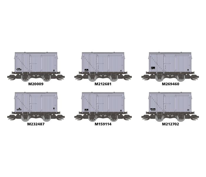 Peco TTR61302 - Set of 6 box vans - Ex LMS Grey 9ft wheelbase - TT Gauge