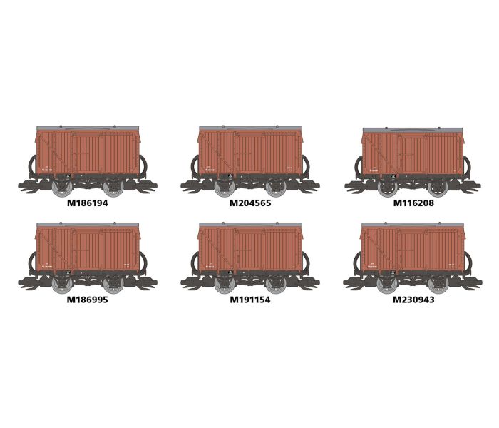 Peco TTR61303 - Set of 6 box vans - Ex LMS  Bauxite 9ft wheelbase - TT Gauge