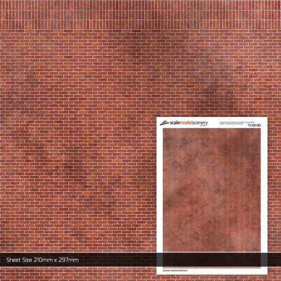Scale Model Scenery TX100 Victorian Red Brick (Stretcher Bond) (5 Sheets) - OO/HO Scale