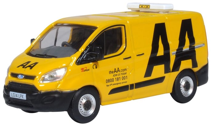 Oxford Diecast 76CUS001 Ford Transit Custom in yellow with AA Branding - 1:76 (OO) Scale