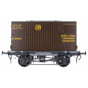 Dapol 7F-037-001 GWR Conflat Number 39860 with BD2 GWR Container in Chocolate Livery  Number B-2020 Branded "Door to Door Container Transport - O Gauge