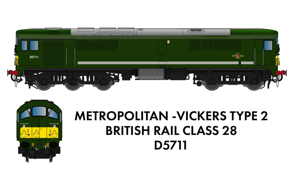 Rapido Trains 905002 Metro Vickers Class 28 Diesel Locomotive Number D5711 in BR Green (with yellow warning panels) DC/Silent Version - N Gauge