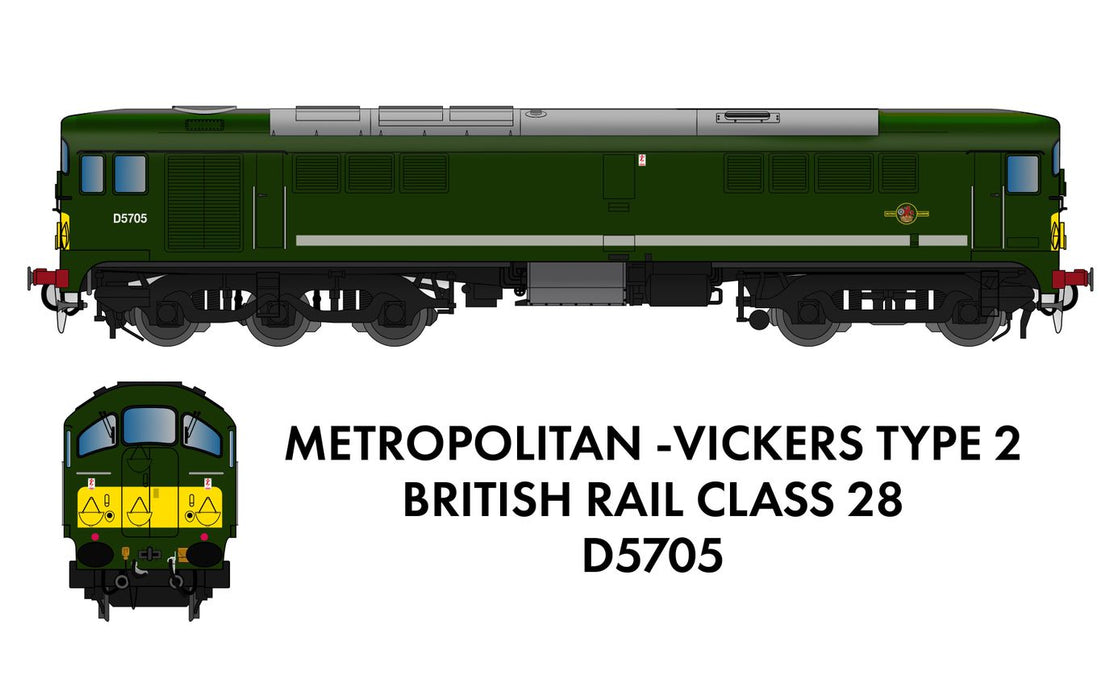 Rapido Trains 905005 Metro Vickers Class 28 Diesel Locomotive Number D5705 in BR Green Livery with yellow warning panels DC/Silent Version - N Gauge