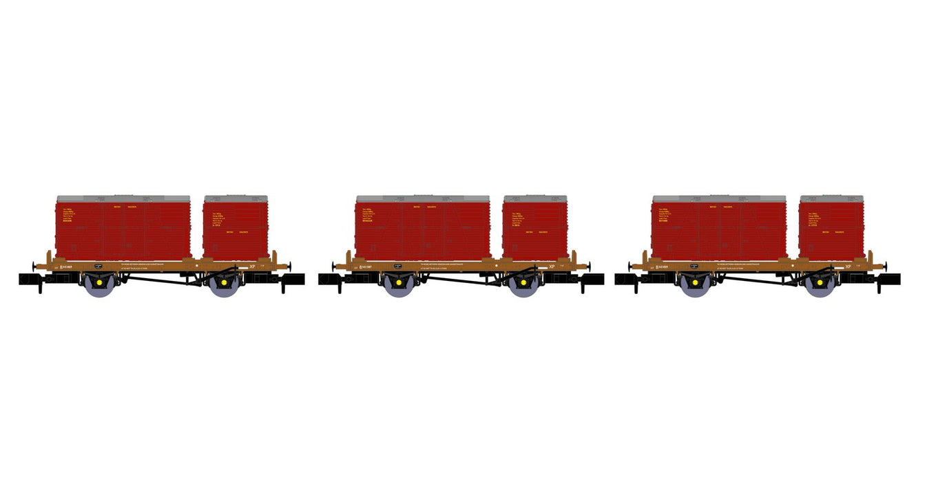 Rapido Trains 921016 BR 'Conflat P' Wagon,  Triple Pack, Crimson Containers No:B932869, B933387, B933059, N Gauge