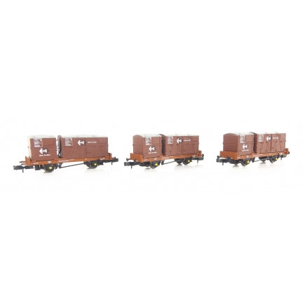 Rapido Trains 921018 BR 'Conflat P' Wagon,  Triple Pack, Crimson & Bauxite Containers No:B933670, B932944, B932945, N Gauge