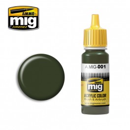 Ammo Mig 0001 (RAL6003) Olivgrun / Green Camouflage Option 1 (Dark) Acrylic Colour - Suitable for Brush and Airbrush Application - 17ml Bottle