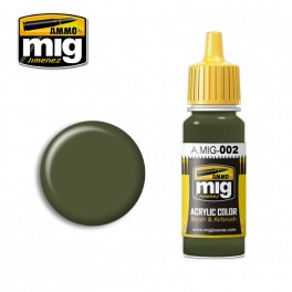 Ammo Mig 0002 (RAL6003) Olivgrun / Green Camouflage Option 2 (Light) Acrylic Colour - Suitable for Brush and Airbrush Application - 17ml Bottle