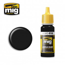 Ammo Mig 0032 Satin Black Acrylic Colour - Suitable for Brush and Airbrush Application - 17ml Bottle