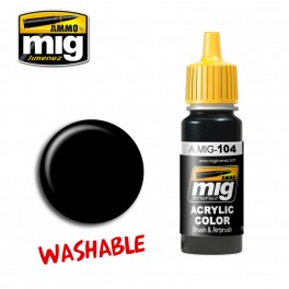 Ammo Mig 0104 Washable Black Acrylic Colour - Suitable for Brush and Airbrush Application - 17ml Bottle