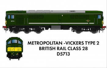 Rapido Trains 905003 Metro Vickers Class 28 Diesel Locomotive Number D5713 in BR Green (with yellow warning panels) DC/Silent Version - N Gauge
