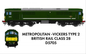 Rapido Trains 905005 Metro Vickers Class 28 Diesel Locomotive Number D5705 in BR Green Livery with yellow warning panels DCC SOUND FITTED - N Gauge