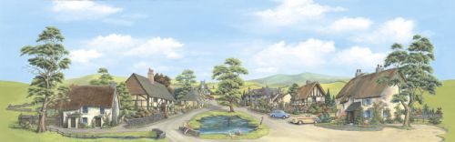 Peco SK-15 Village with Pond Backscene - Large (228mm x 736mm) - Suitable for scales Z to O