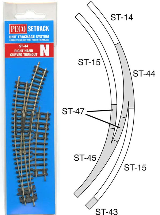 Peco ST-44 Setrack Right Hand Curved Turnout - N Gauge