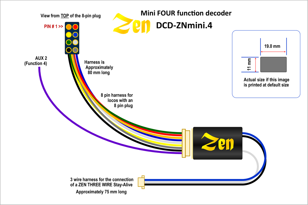 DCC Concepts DCD-ZNMINI.4 Zen Black Decoder - A Classic small decoder shape with 8-pin harness. 4 Functions.
