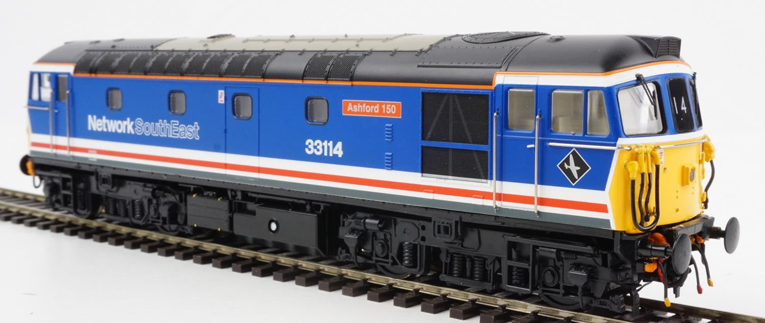 Heljan 3369 Class 33/1 Diesel Locomotive Number 33114 named "Ashford 150" (with headlights) in Network SouthEast Livery - OO Gauge