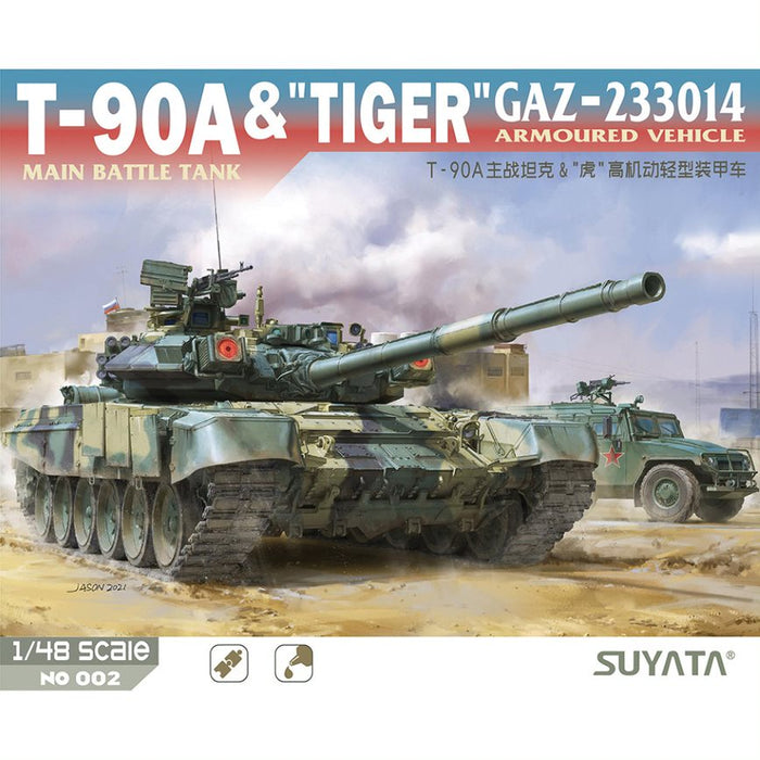 Suyata No 002 T-90A Main Battle Tank & "Tiger" Gaz-233014 Armoured Vehicle, Model Kit, 1/48 Scale